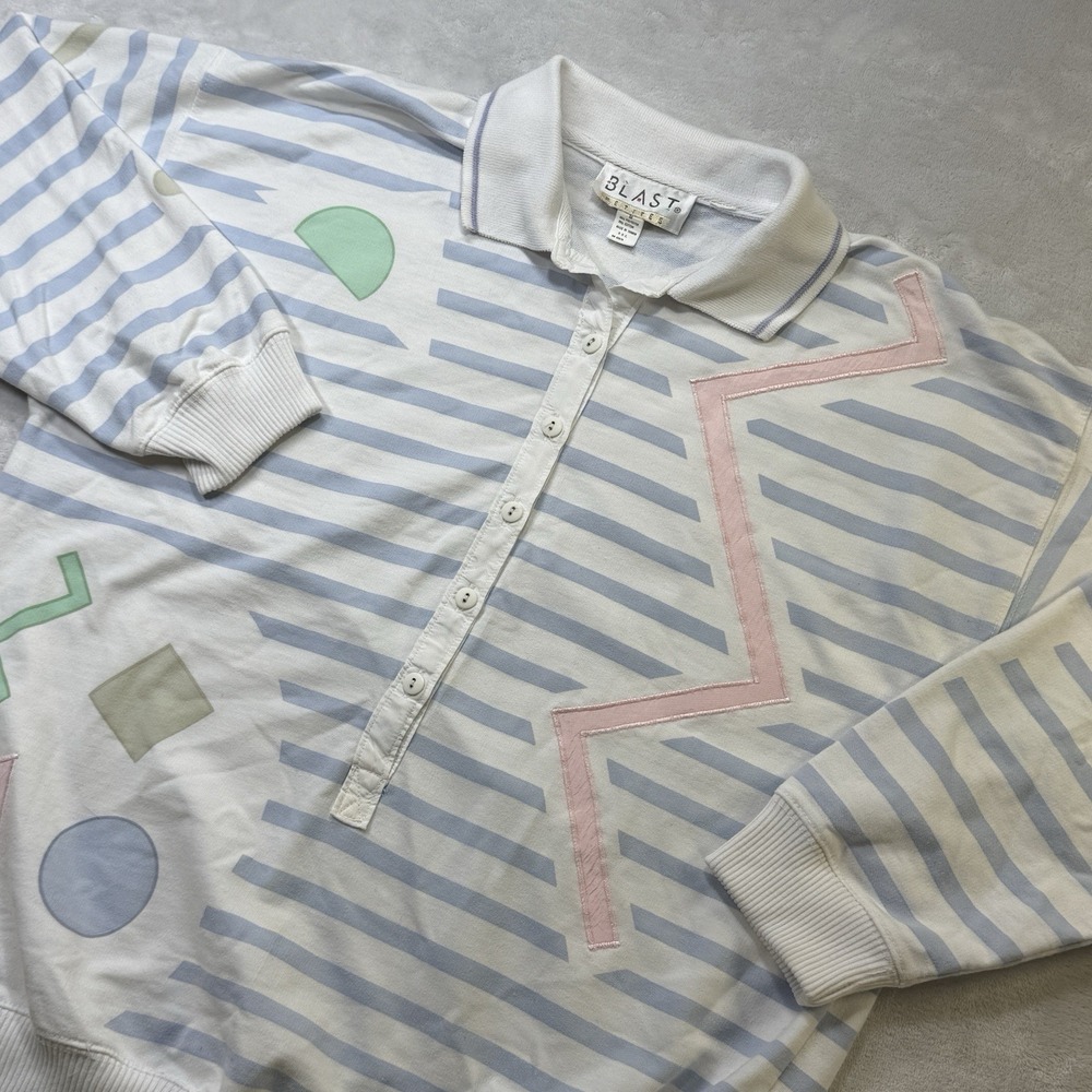 Vintage 80s BLAST Pastels Polo Sweatshirt Geometric Stripe M Colorful